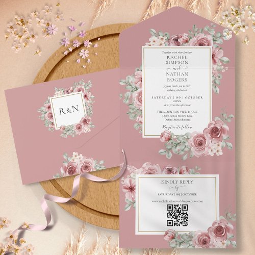 Dusty Rose Floral QR Code Wedding All In One Invitation