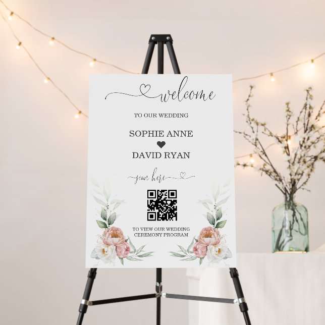 Dusty Rose Floral QR Code Wedding Welcome Sign (In Situ (Stand))