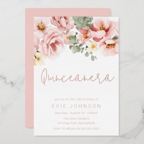 Dusty Rose Floral Quinceanera Party Rose Gold Foil Invitation
