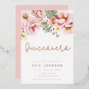 Dusty Rose Floral Quinceanera Party Rose Gold Foil Invitation