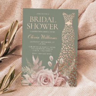 Dusty Rose Floral Rose Gold Gown Bridal Shower Foil Invitation