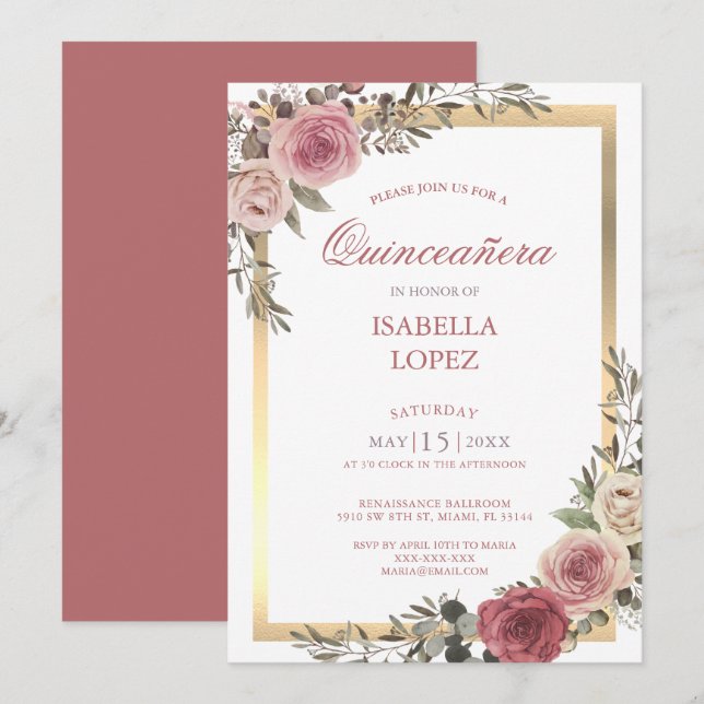 Dusty Rose Floral Rose Gold  Quinceañera  Invitation (Front/Back)