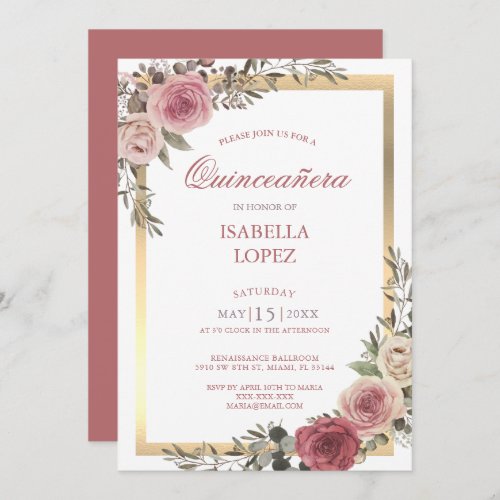 Dusty Rose Floral Rose Gold  Quinceaera  Invitation