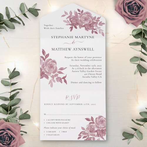 Dusty Rose Floral Roses Foliage Wedding All In One Invitation