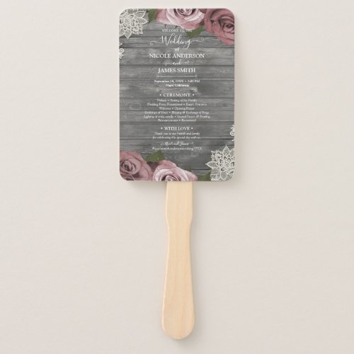 Dusty Rose Floral Roses Rustic Lace Grey Wedding Hand Fan