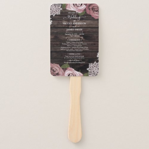 Dusty Rose Floral Roses Rustic Wood Lace Wedding H Hand Fan