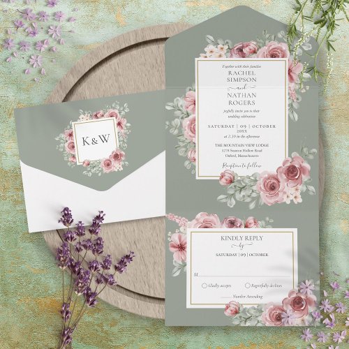 Dusty Rose Floral Sage Green Wedding All In One Invitation