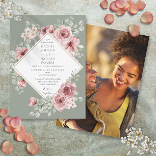 Dusty Rose Floral Sage Green Wedding Photo Invitation
