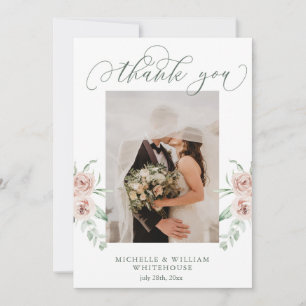 Dusty Rose Floral Script Photo Wedding Thank You