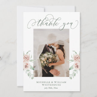 Dusty Rose Floral Script Photo Wedding Thank You  Card