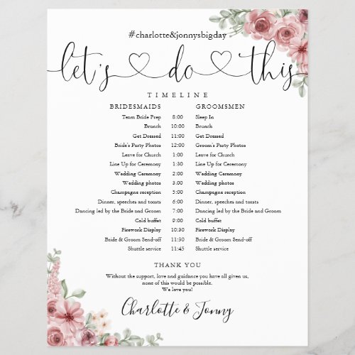 Dusty Rose Floral Script Wedding Schedule Timeline - This stylish dusty rose floral wedding schedule-timeline can be personalized with your wedding details in chic lettering. Designed by Thisisnotme©