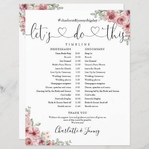 Dusty Rose Floral Script Wedding Schedule Timeline | Zazzle