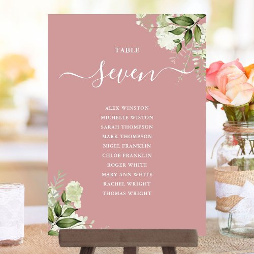 Dusty Rose Floral Seating Plan Table Number