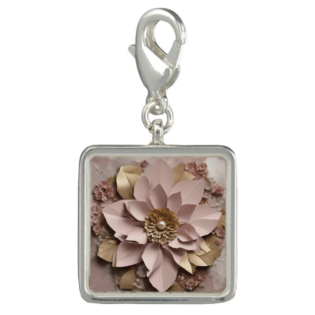 Dusty Rose Floral - Square Charm - Silver Plated (Front)