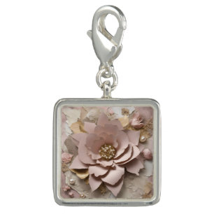 Dusty Rose Floral - Square Charm - Silver Plated