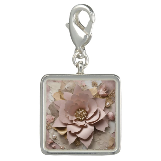 Dusty Rose Floral - Square Charm - Silver Plated (Front)