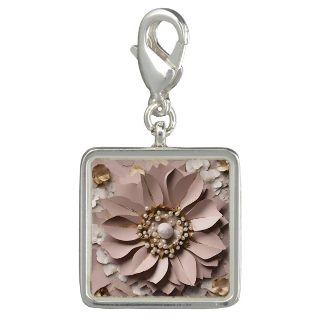 Dusty Rose Floral - Square Charm - Silver Plated (Front)