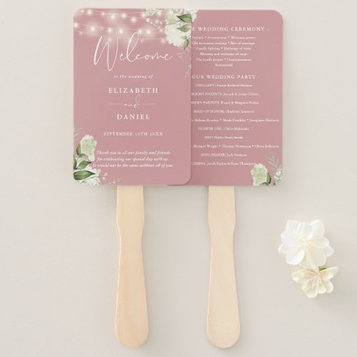 Dusty Rose Floral String Lights Wedding Program Hand Fan