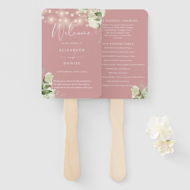 Dusty Rose Floral String Lights Wedding Program Hand Fan (Front and Back)