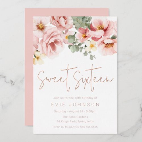 Dusty Rose Floral Sweet 16 Party Rose Gold Foil Invitation