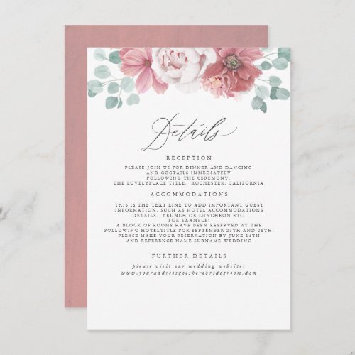 Dusty Rose Floral Wedding Information Enclosure Card