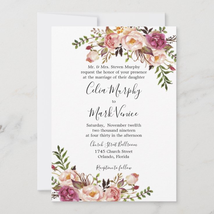 Dusty Rose Floral Wedding Invitation | Zazzle