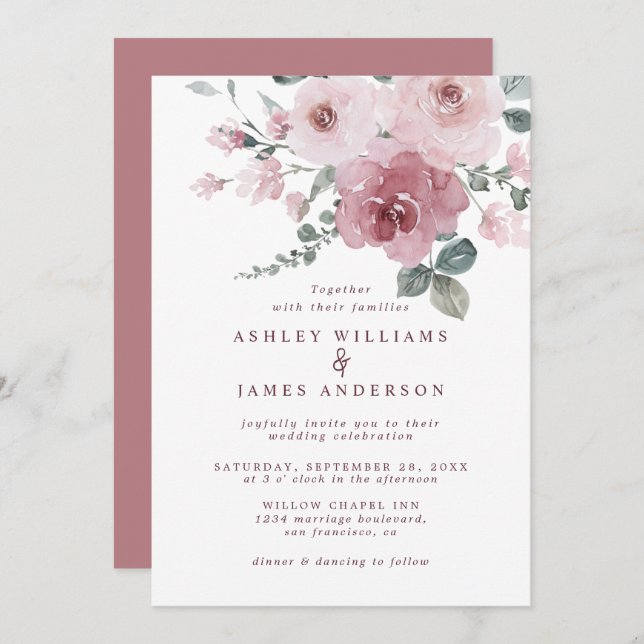 Dusty Rose Floral Wedding Invitation (Front/Back)