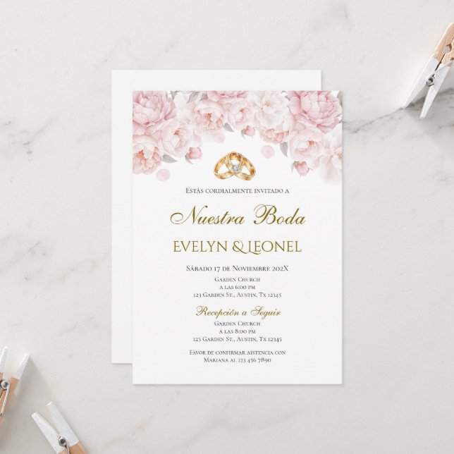 Dusty Rose Floral Wedding Invitation in Spanish (Front/Back In Situ)