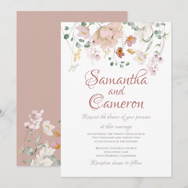  Dusty Rose Floral Wedding invitations  (Front/Back)