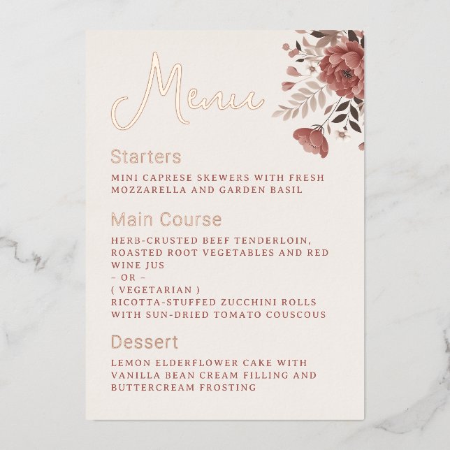 Dusty Rose Floral Wedding Menu Gold Foil Menu Invitation (Front)