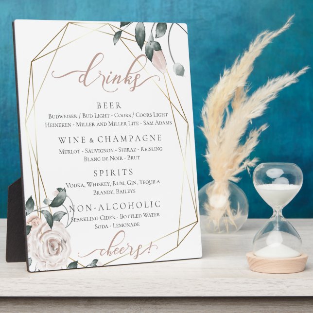 Dusty Rose Floral Wedding Reception Bar Menu Plaque (Side)