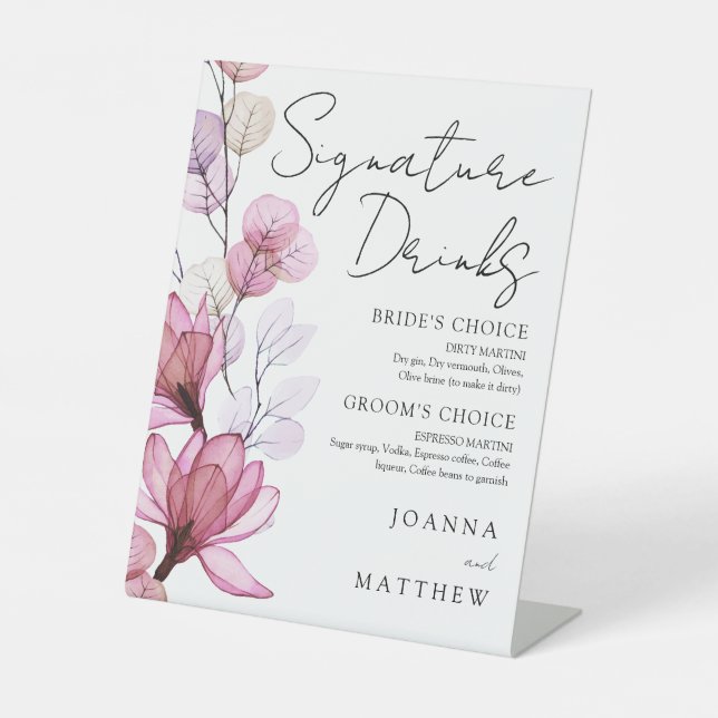 Dusty Rose Floral Wedding Signature Drinks Pedestal Sign (Front)