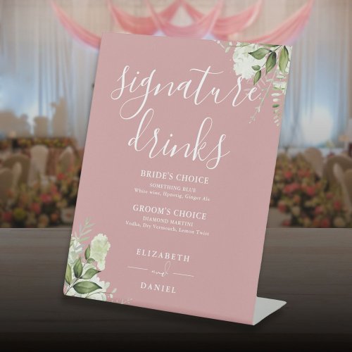 Dusty Rose Floral Wedding Signature Drinks Pedestal Sign
