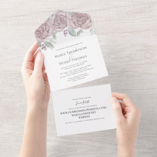 Dusty Rose Floral Wedding Website Guest Addressed All In One Invitation