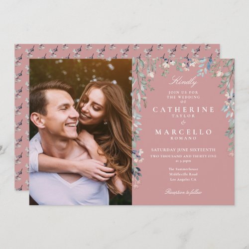 Dusty Rose Floral Wildflowers Photo Wedding Invitation