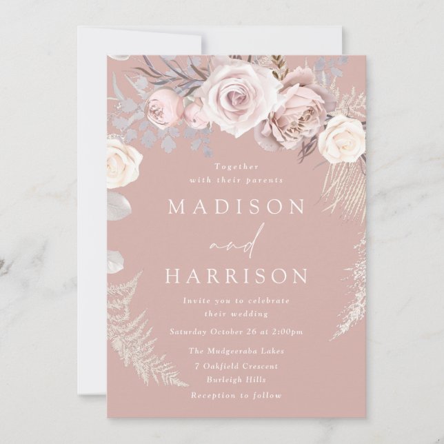 Dusty Rose Floral Wreath Beautiful Wedding Invitation (Front)