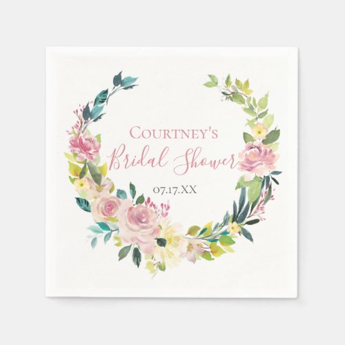 Dusty Rose Floral Wreath Personalized Napkins