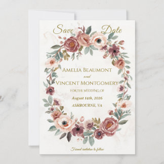 Dusty Rose Floral Wreath Save the Date Card