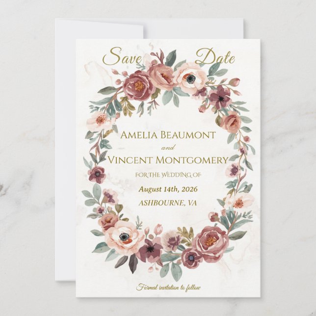 Dusty Rose Floral Wreath Save the Date Card (Front)
