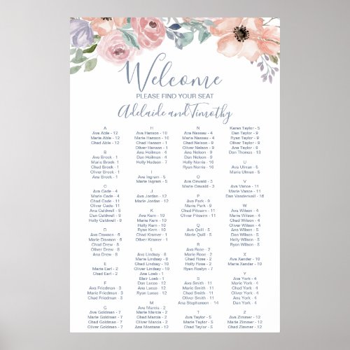 Dusty Rose Florals Alphabetical Seating Chart