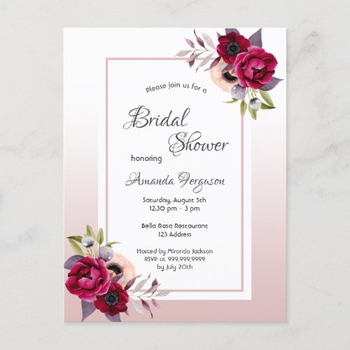 Dusty rose florals bridal shower invitation postcard