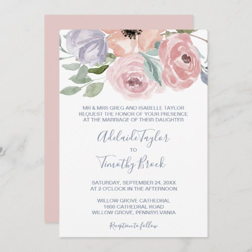 Dusty Rose Florals Formal Wedding Invitation
