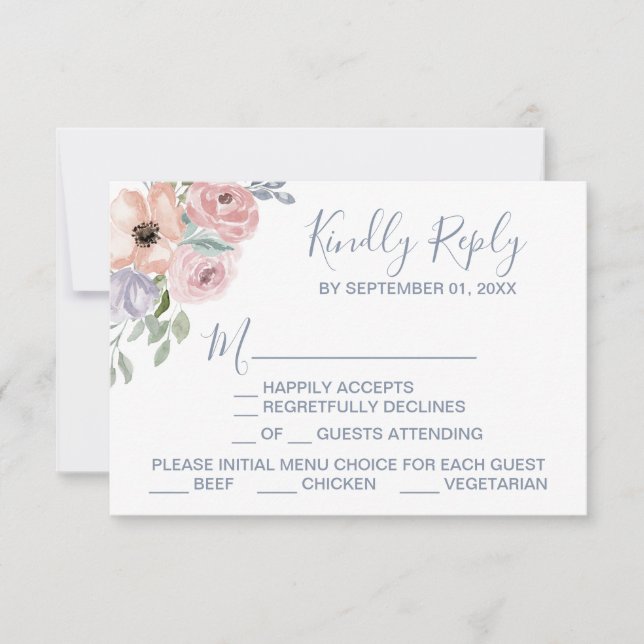Dusty Rose Florals Menu Choice RSVP Card (Front)
