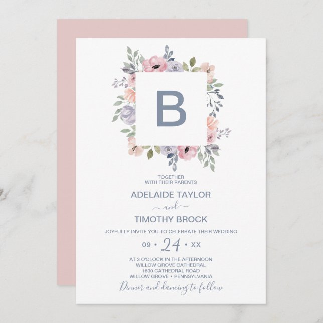 Dusty Rose Florals Monogram Wedding Invitation (Front/Back)