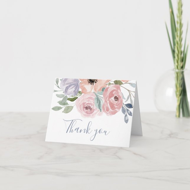 Dusty Rose Florals Wedding Thank You Card (Front)