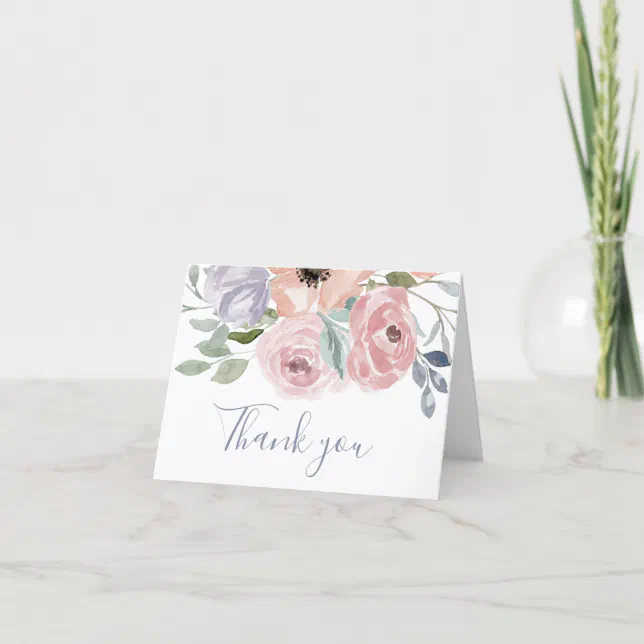 Dusty Rose Florals Wedding Thank You Card | Zazzle