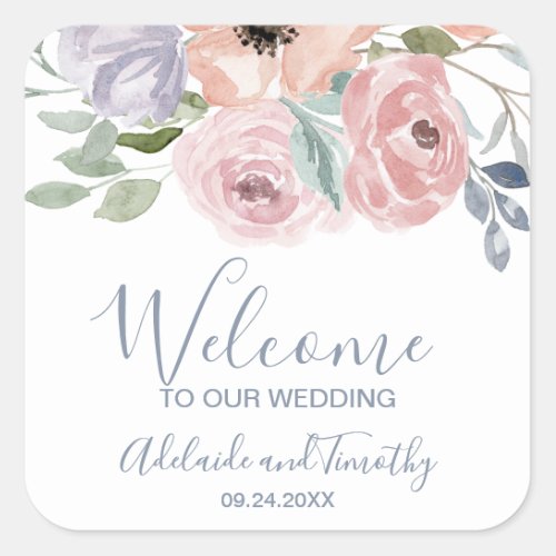 Dusty Rose Florals Wedding Welcome Square Sticker