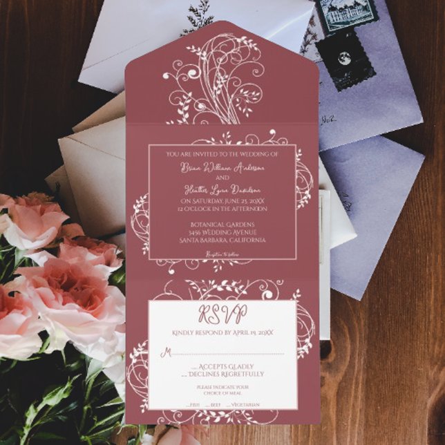 Dusty Rose Flourish Wedding All In One Invitation (Dusty Rose Flourish All in One Wedding Invite)