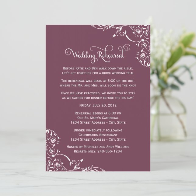 Dusty Rose Flourish Wedding Rehearsal Invitation (Standing Front)