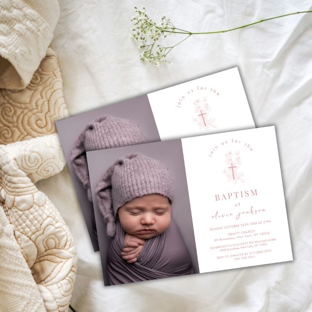 Dusty Rose Flower Cross Christening Photo Baptism  Invitation (Dusty Rose Flower Cross Christening Photo Baptism Invitation)